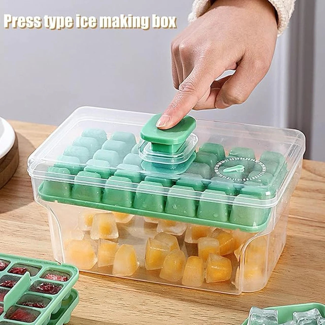 starprim Ice Tray with Storage Press Type Ice Maker 2 Layer Ice Cube Tray with Lid & Bin Green Plastic, Silicone Ice Cube Tray