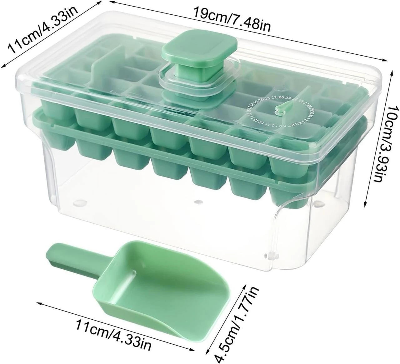 starprim Ice Tray with Storage Press Type Ice Maker 2 Layer Ice Cube Tray with Lid & Bin Green Plastic, Silicone Ice Cube Tray