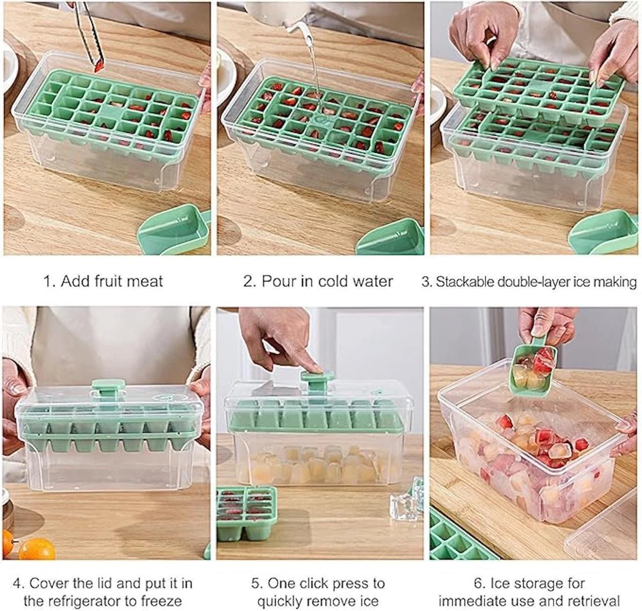 starprim Ice Tray with Storage Press Type Ice Maker 2 Layer Ice Cube Tray with Lid & Bin Green Plastic, Silicone Ice Cube Tray